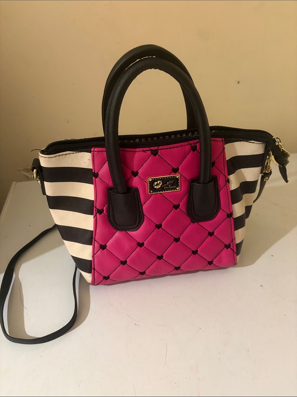 Betsy Johnson Pink Quilted Tote with Black & White Stripes